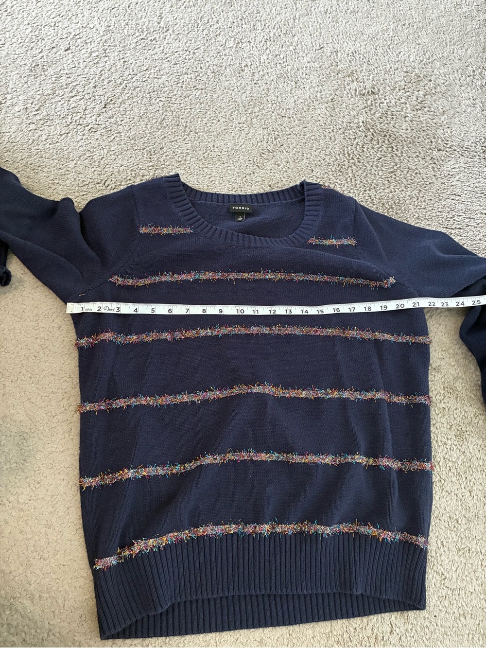 Torrid Navy Crewneck Sweater with Colorful Metallic Stripe Accents Womenโs 1X